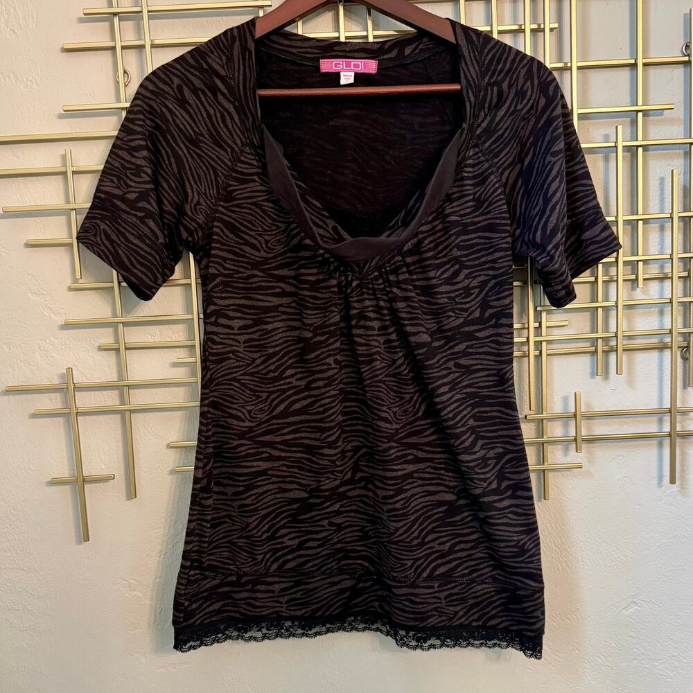 GLO Zebra Print Lace Hem Y2K Top Large